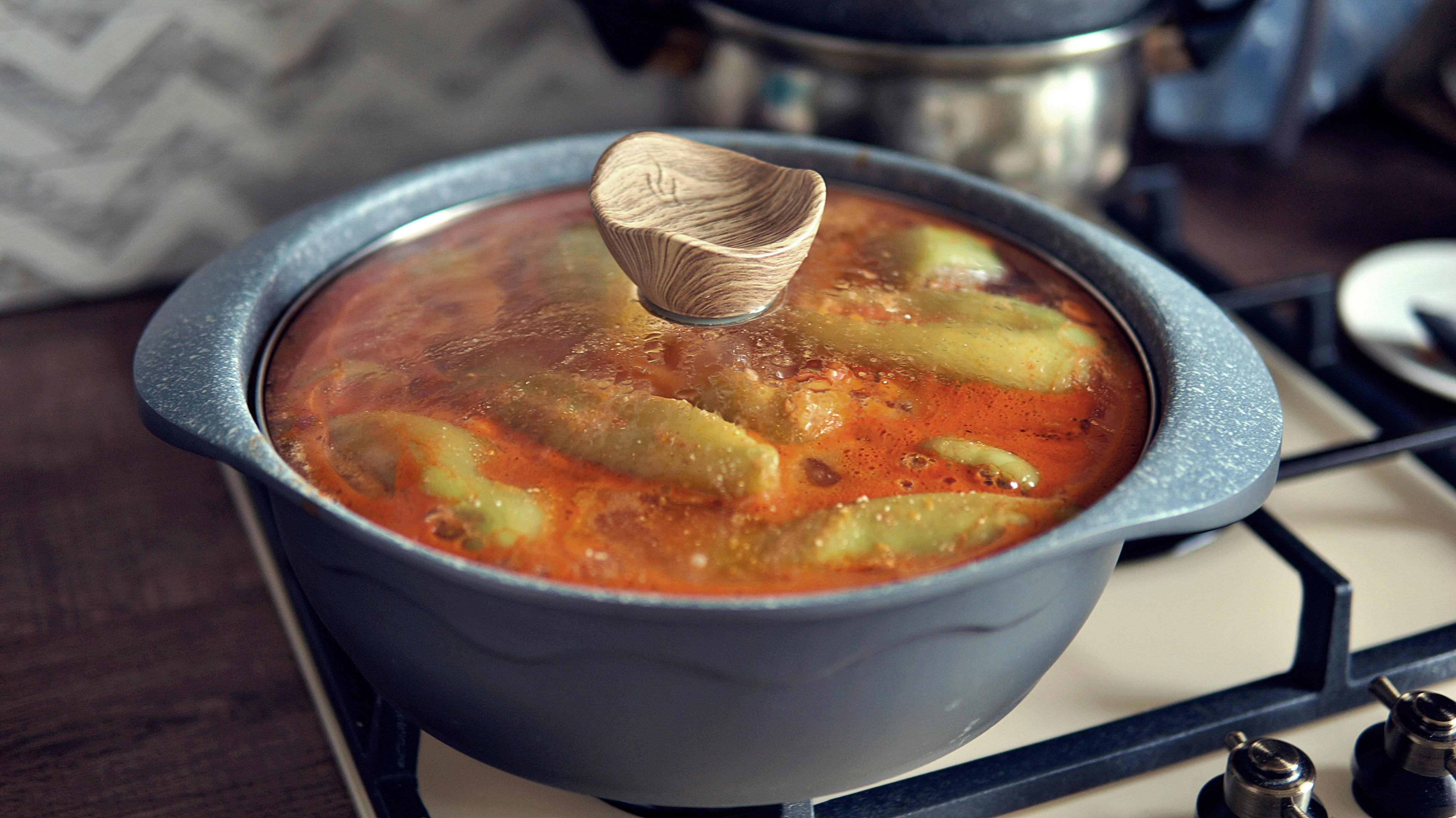 Stainless steel saucepan on stove